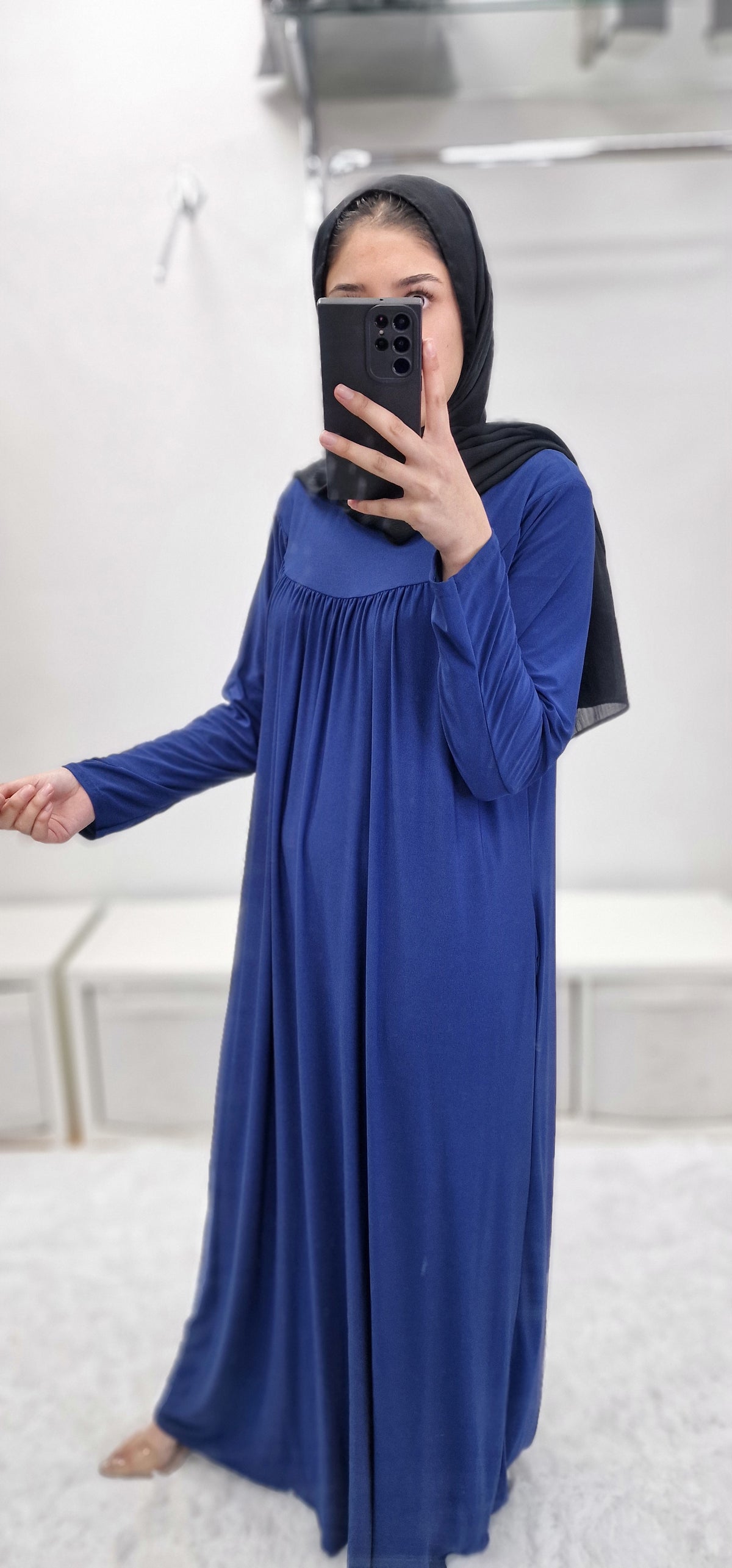 Lycra front pleat abaya blue