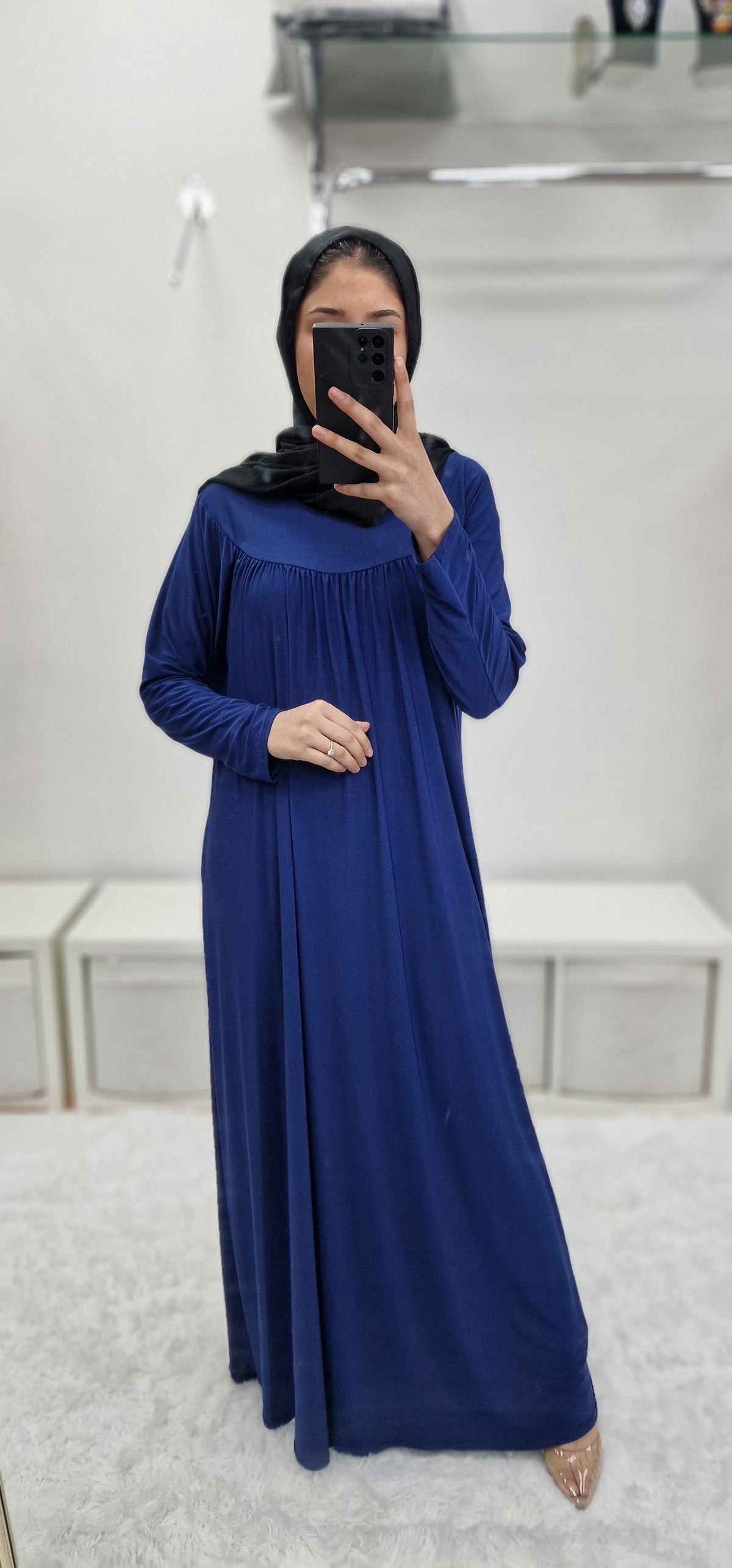 Lycra front pleat abaya blue