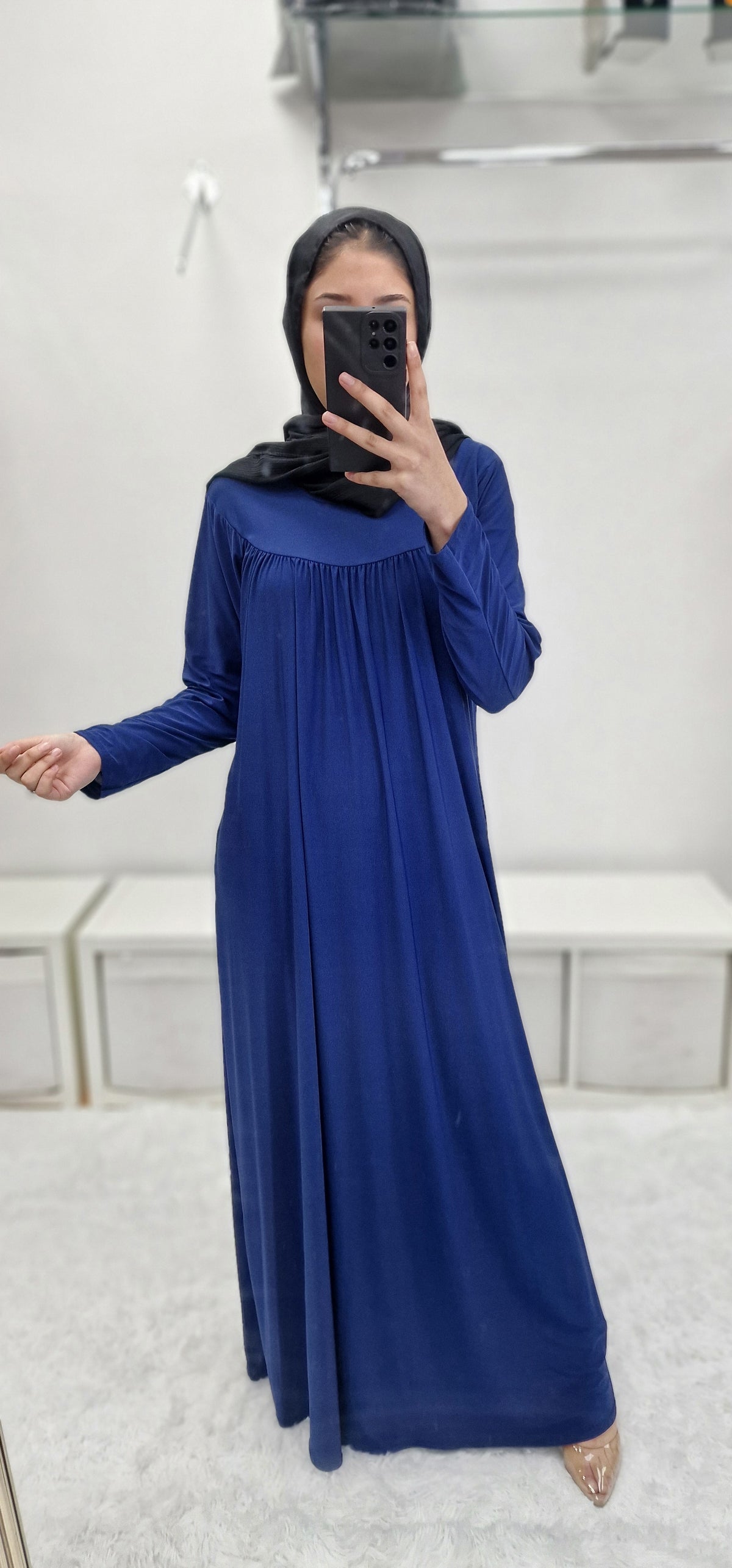 Lycra front pleat abaya blue