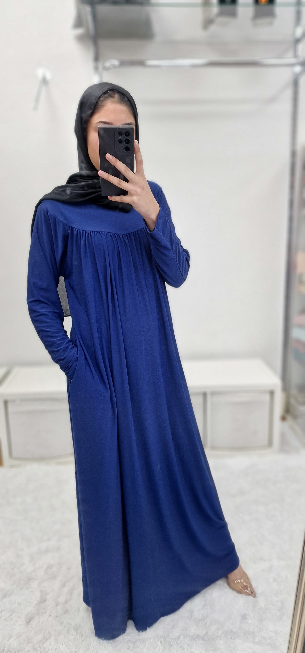 Lycra front pleat abaya blue