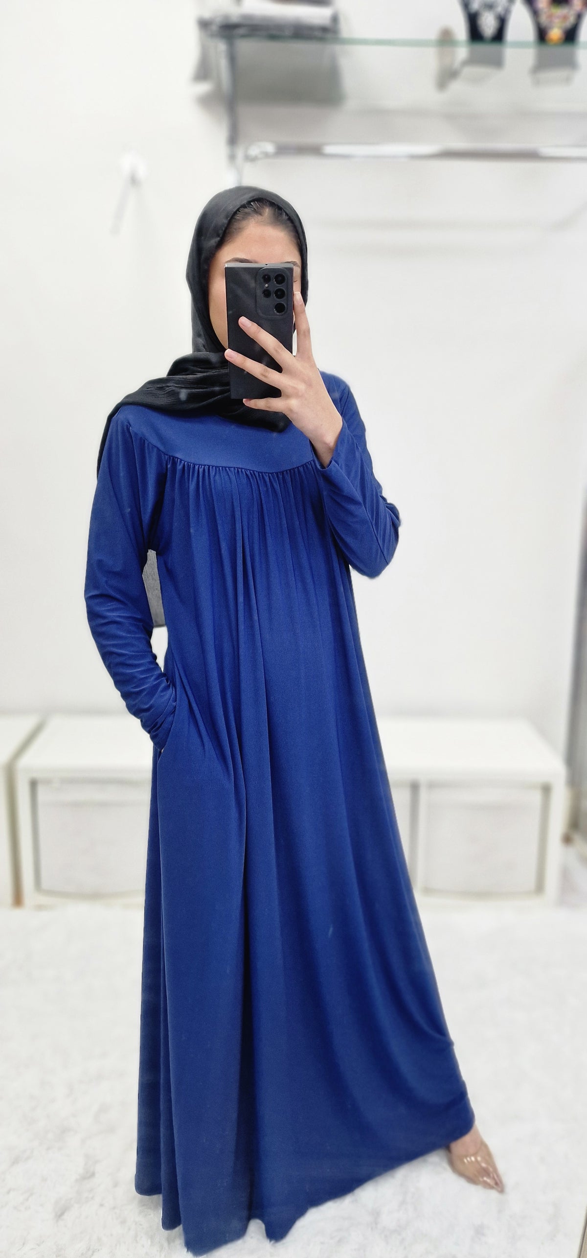 Lycra front pleat abaya blue